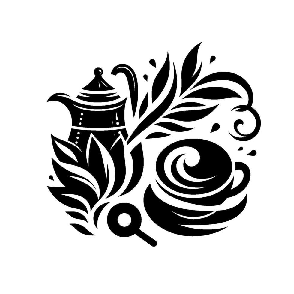 Intricate Monochrome Illustration of Coffee Pot, Cup, Leaves, and Magnifying Glass, Forming a Decorative Circular . vector