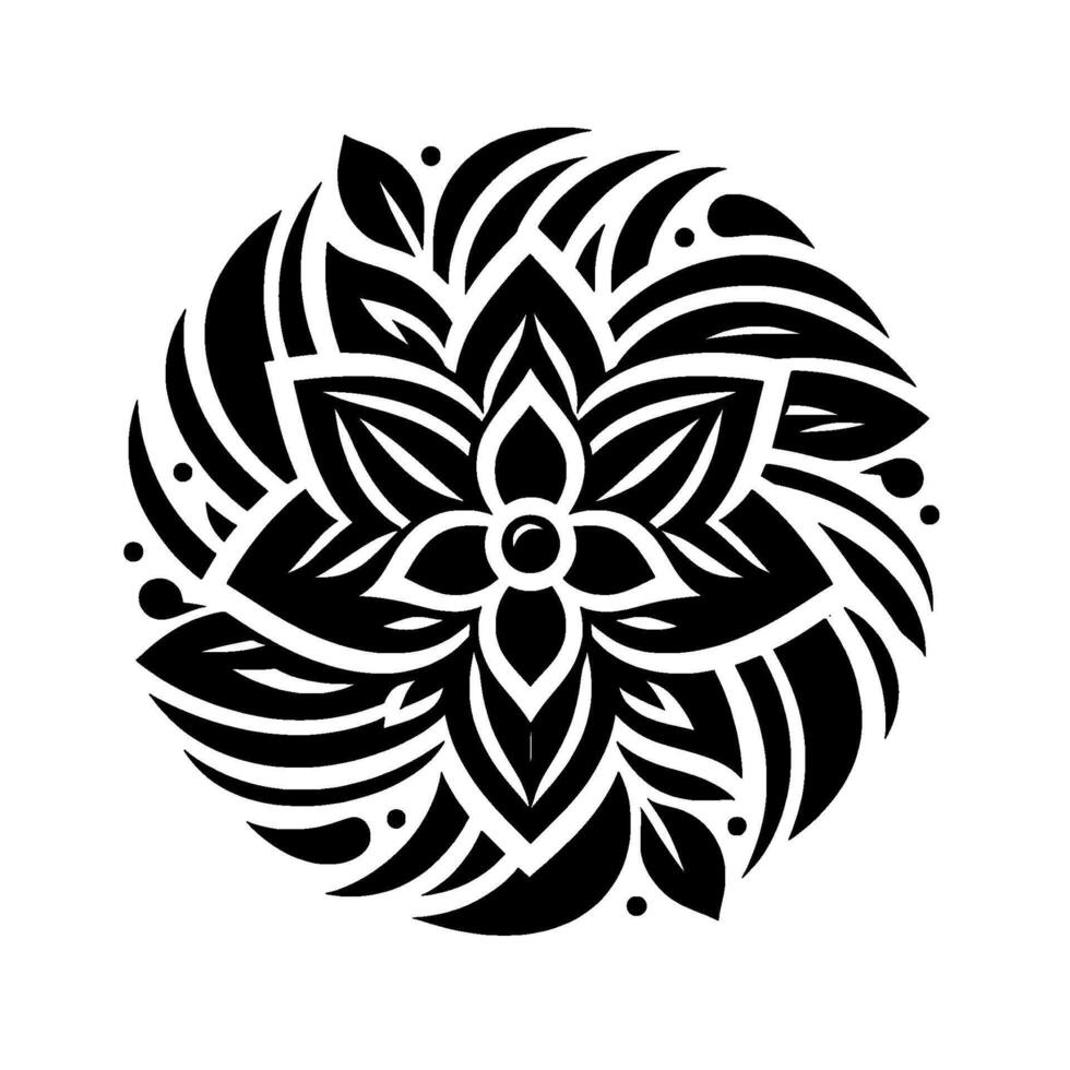 Intricate Black and White Floral Mandala Featuring a Central Flower, Surrounding Leaves and Decorative Elements. vector