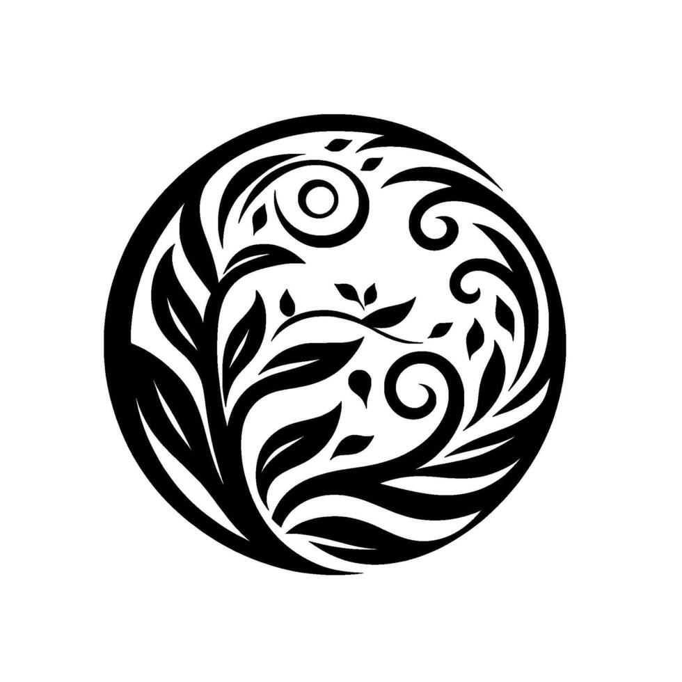A symmetrical, black and white, circular illustration of intertwined leaves, vines, and spirals, with a minimalist and organic . vector