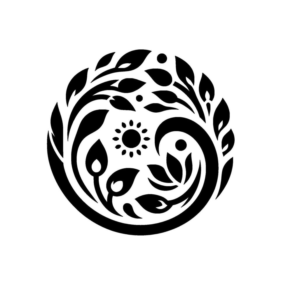 Intricate Black and White Circular Symbolic Composition with Leaves, Sun, Organic Forms, and Graceful Lines, Minimalist Aesthetic. vector