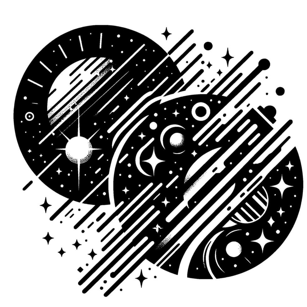 Black and white cosmic illustration featuring overlapping planetary forms, celestial streaks, stars, and a minimalist, aesthetic, evoking a sense of wonder. vector