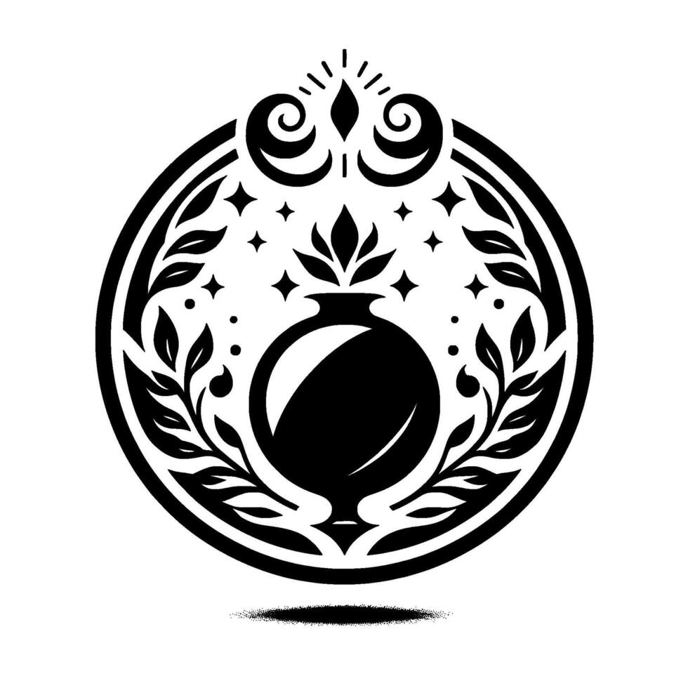 Intricate Black and White Circular Emblem a stylized vase at the center, embraced by foliage, stars, and decorative flourishes. vector