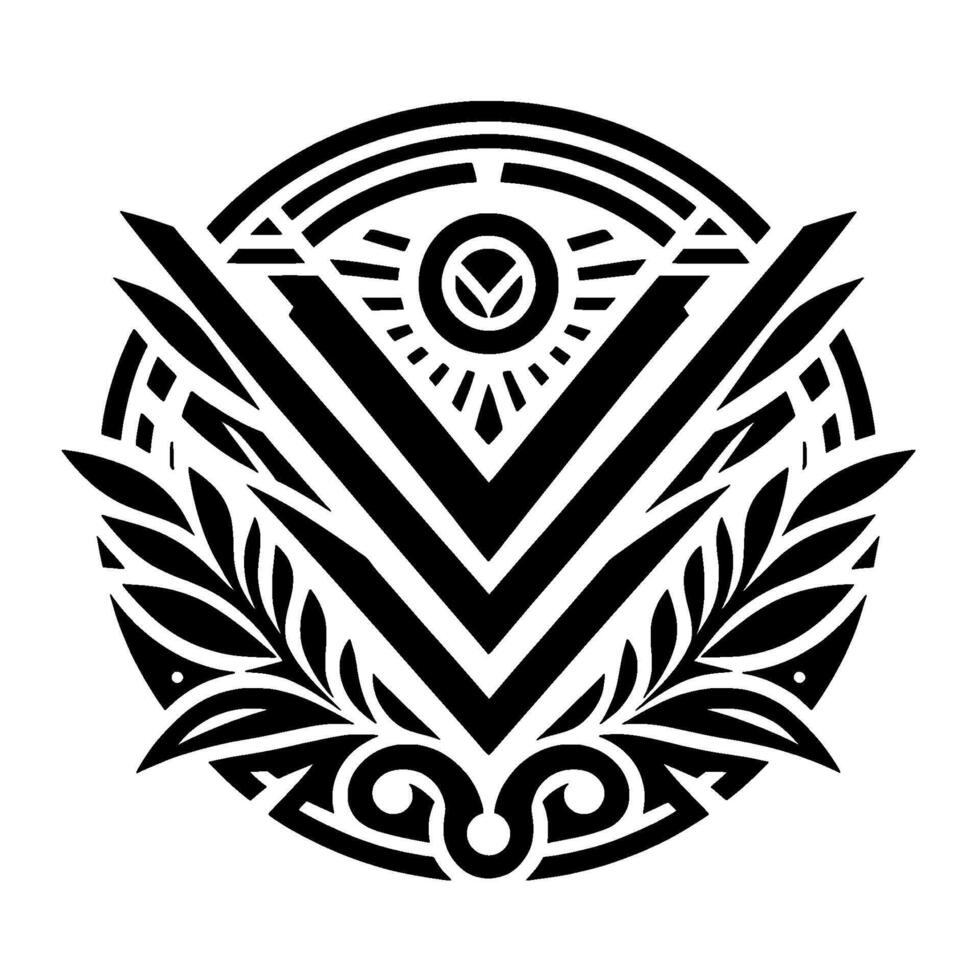 Symmetrical Black and White Geometric Emblem Featuring a Central Eye Symbol, Surrounded by Laurel and Abstract Designs in a Circular Composition. vector