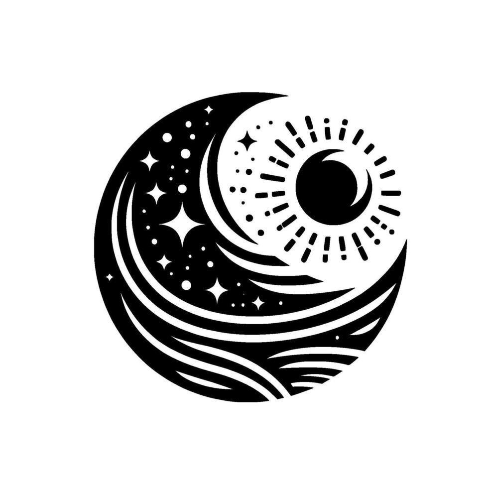 Celestial Yin Yang A black and white stylized illustration of the sun, moon, stars, and ocean waves, representing balance. vector
