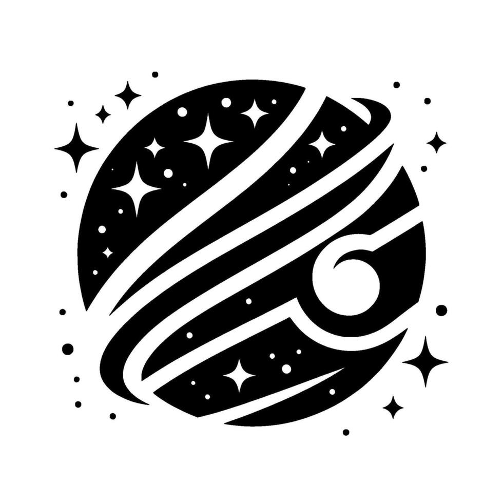 A stylized black and white celestial body illustration with orbiting bands, star clusters, and a central eyelike shape against a pure white backdrop. vector