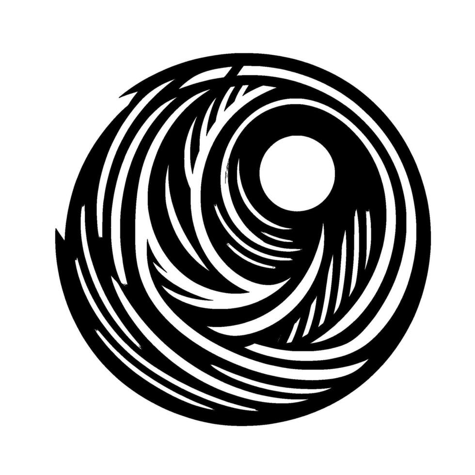 A captivating black and white abstract vortex illustration featuring a central white circle, and radial linear patterns with sharp, layered elements on a white background. vector