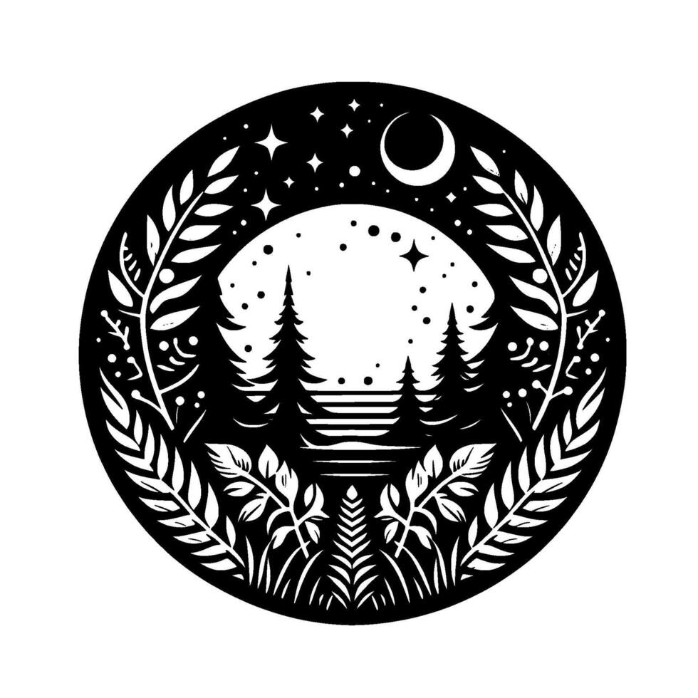 Black and white circular illustration serene forest scene under a night sky with moon, stars, and detailed foliage border. vector