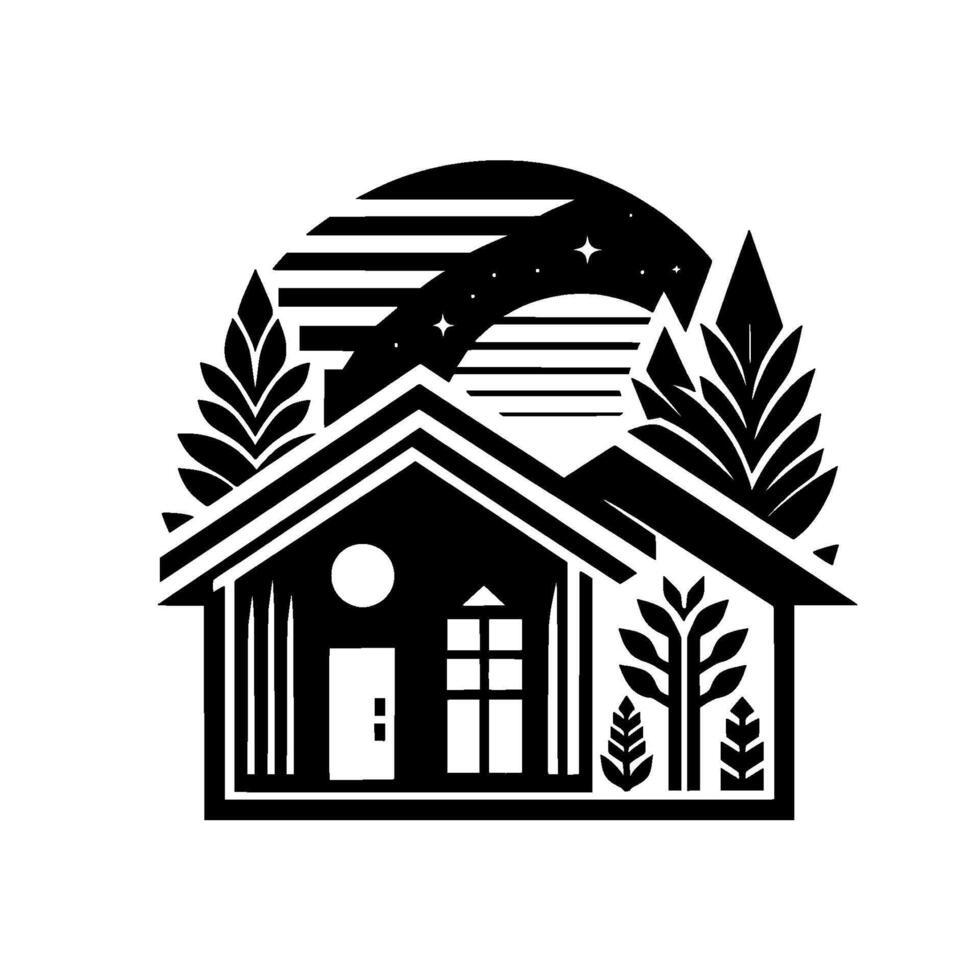 Black and White Minimalist Illustration of a House with Natural Elements, Stars, and Night Sky, in a Style. vector