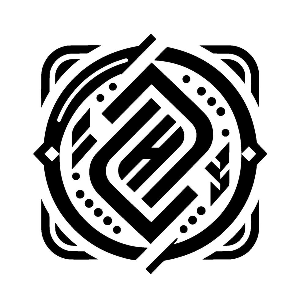 Intricate Black and White Geometric Featuring a Central Abstract Letter H and Circular and Square Framework. vector