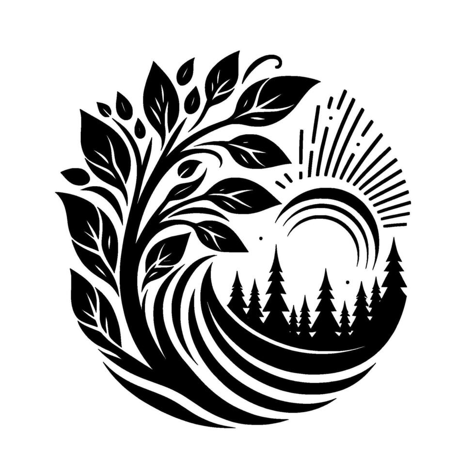 Black White Circle Tree, Forest, Sunrise, Nature, Organic Elements in Illustration. vector