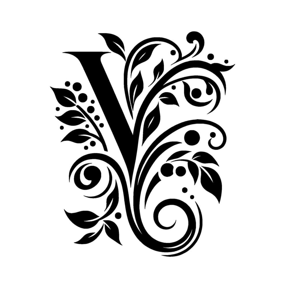 Elegant Black and White Floral Featuring the Letter V, Adorned with Leaves, Vines, and Swirls on White Background. vector