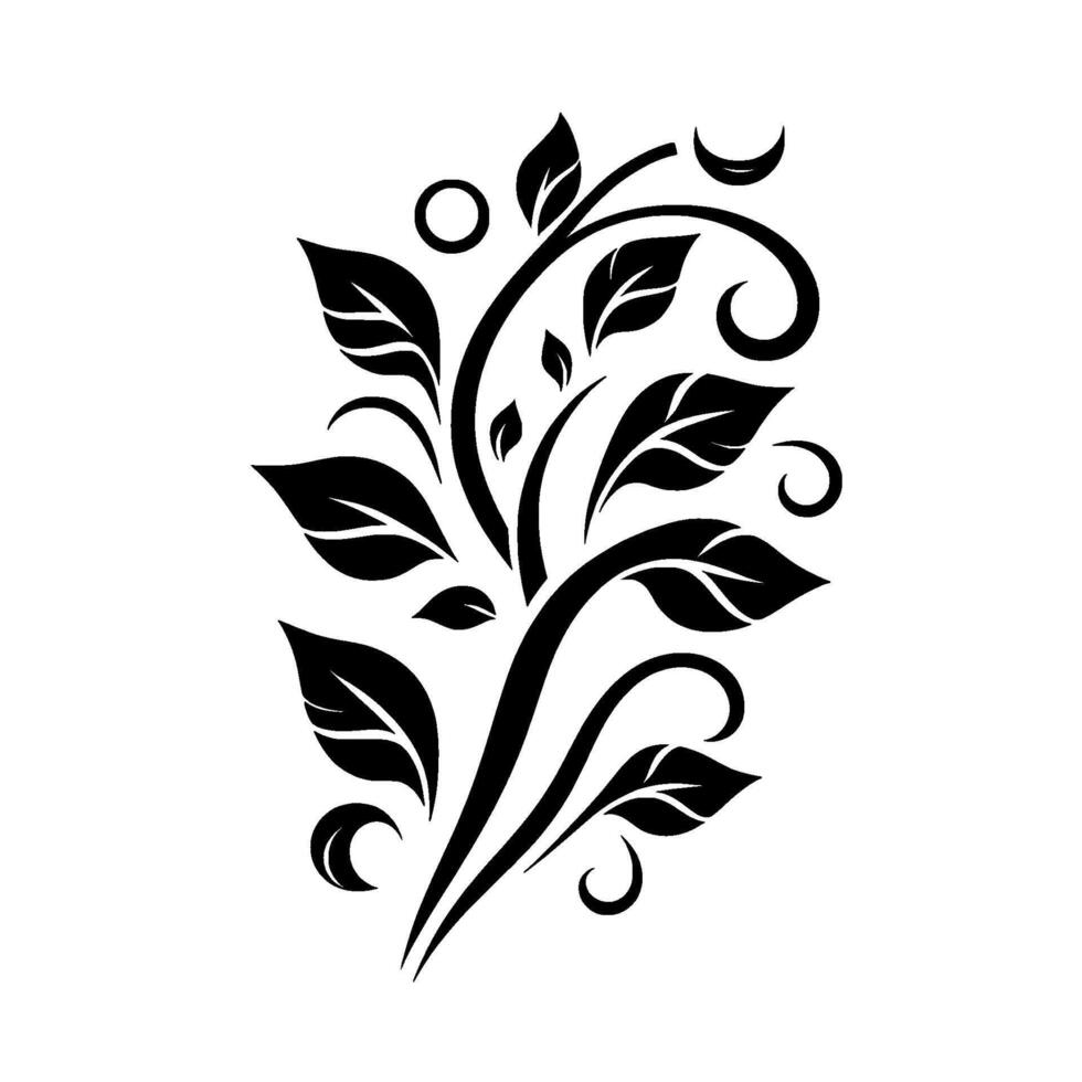 Elegant black floral with stylized leaves, tendrils, and decorative elements against a clean white background. vector