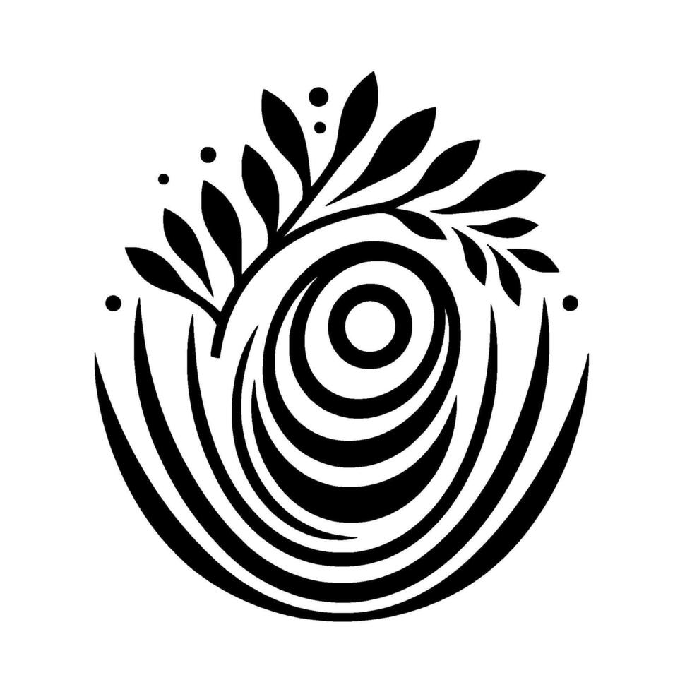 A stylized black and white minimalist featuring concentric circles, curved lines, and a branch with leaves, creating a balanced organic composition. vector