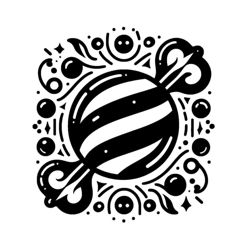 Artistic Monochrome Candy with Striped Wrapper, surrounded by whimsical elements like dots, swirls, and stylized leaves in square composition. vector