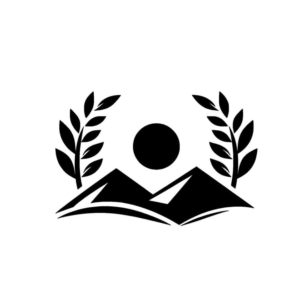 Minimalist Black and White Emblem Mountains Under Sun, Flanked by Laurel Wreaths, Representing Natures Majesty and Peace. vector