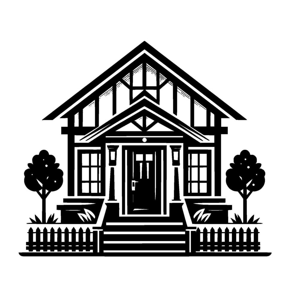 style Illustration of a Classic American House with Gable Roof, Porch, Trees, and Picket Fence, in a black and white . vector