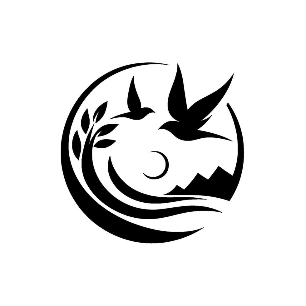 Minimalist Black and White Two Birds in Flight, Mountainscape, Tree, and Moon Inside a Circular Frame. vector
