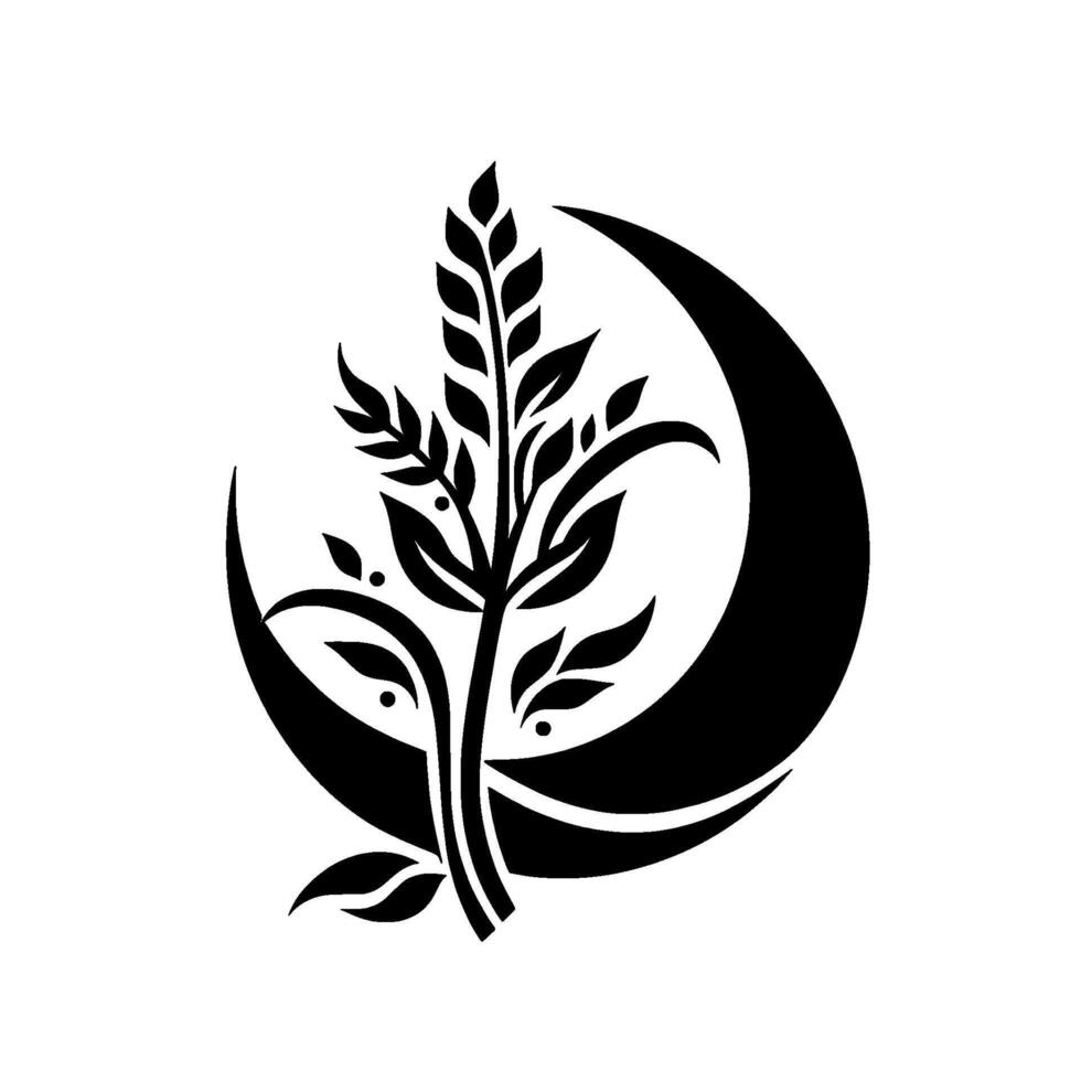 A symmetrical minimalist black and white emblem, featuring a stylized leafy plant and a crescent moon, evoking natures balance. vector
