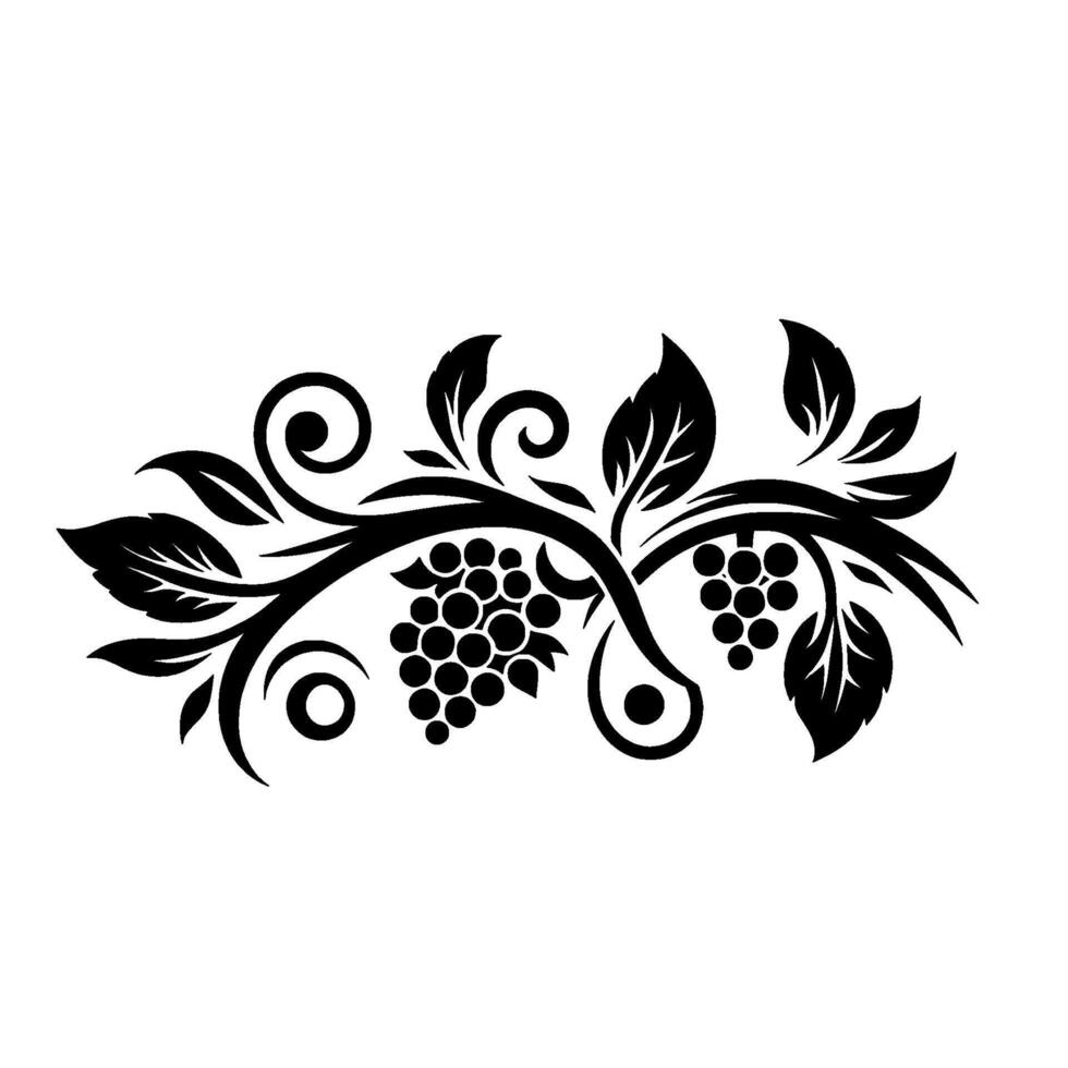 Black Vine Art Elegant Grape Cluster Featuring Leaves, Tendrils, and Decorative Swirls in a Minimalist Style. vector