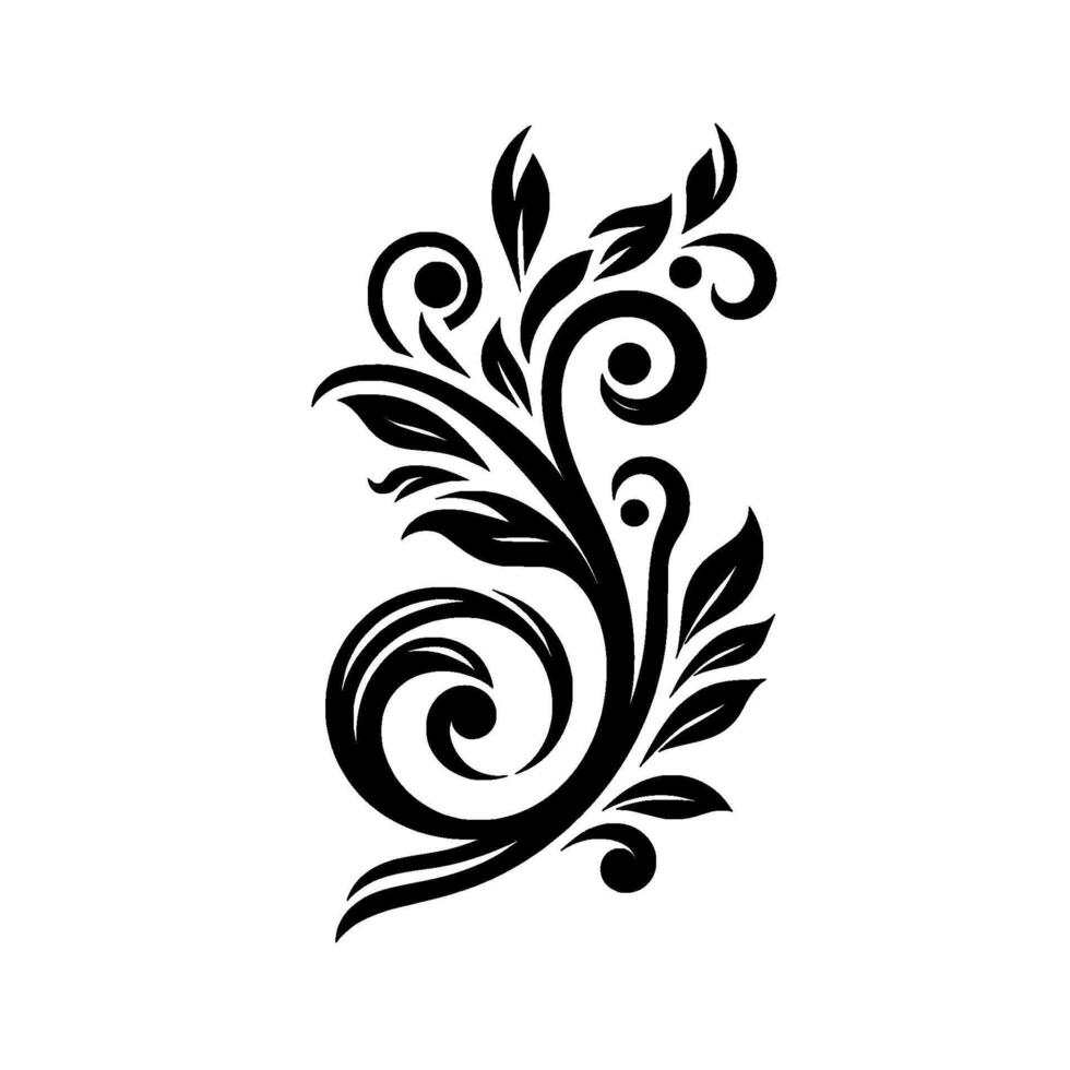 Elegant Black Floral Flourish on White Symmetrical Scroll with Leaves and Spirals, Modern Art. vector