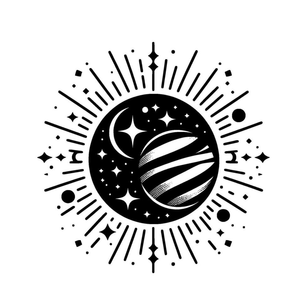 Celestial Black and White Illustration Moon, Striped Planet, Stars, Burst Elements, Minimalist Space . vector