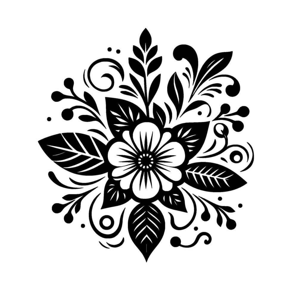 Detailed Black and White Floral A Symmetric Composition Featuring a Central Flower, Leaves, and Elegant Swirls on a White Background. vector