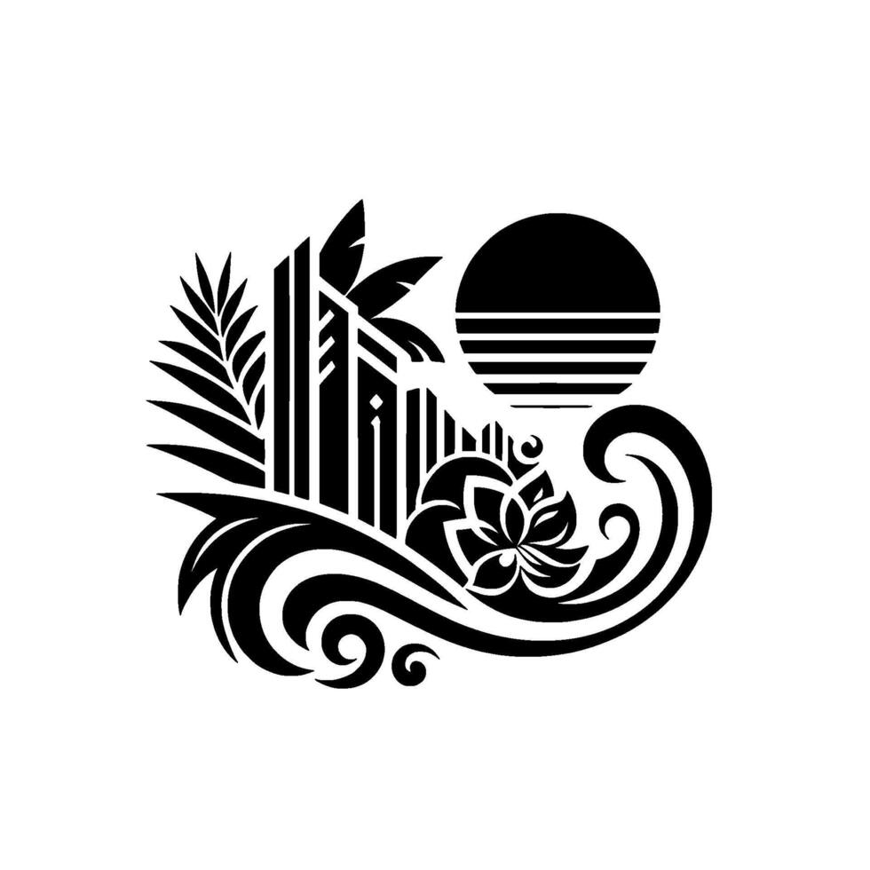 Bold black and white Polynesianinspired featuring a stylized flower, wave pattern, city silhouette, and a horizontal striped sun. vector