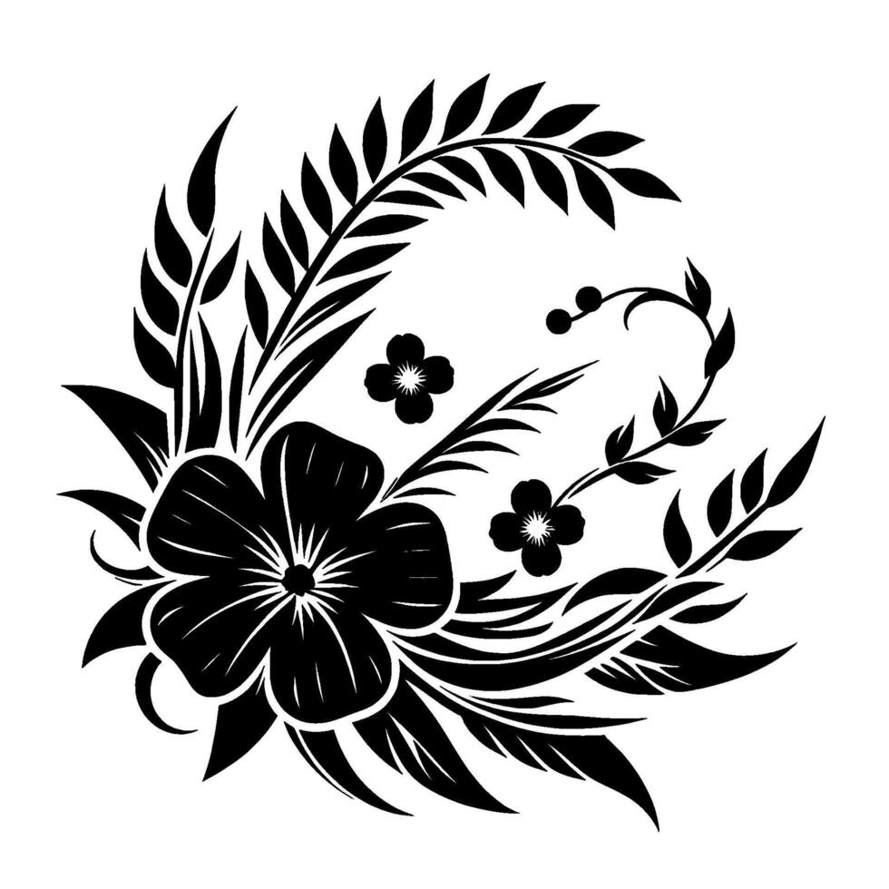 Intricate Black and White Floral Ornament Stylized Flower, Leaves, and Sprigs Forming a Circular Composition. vector