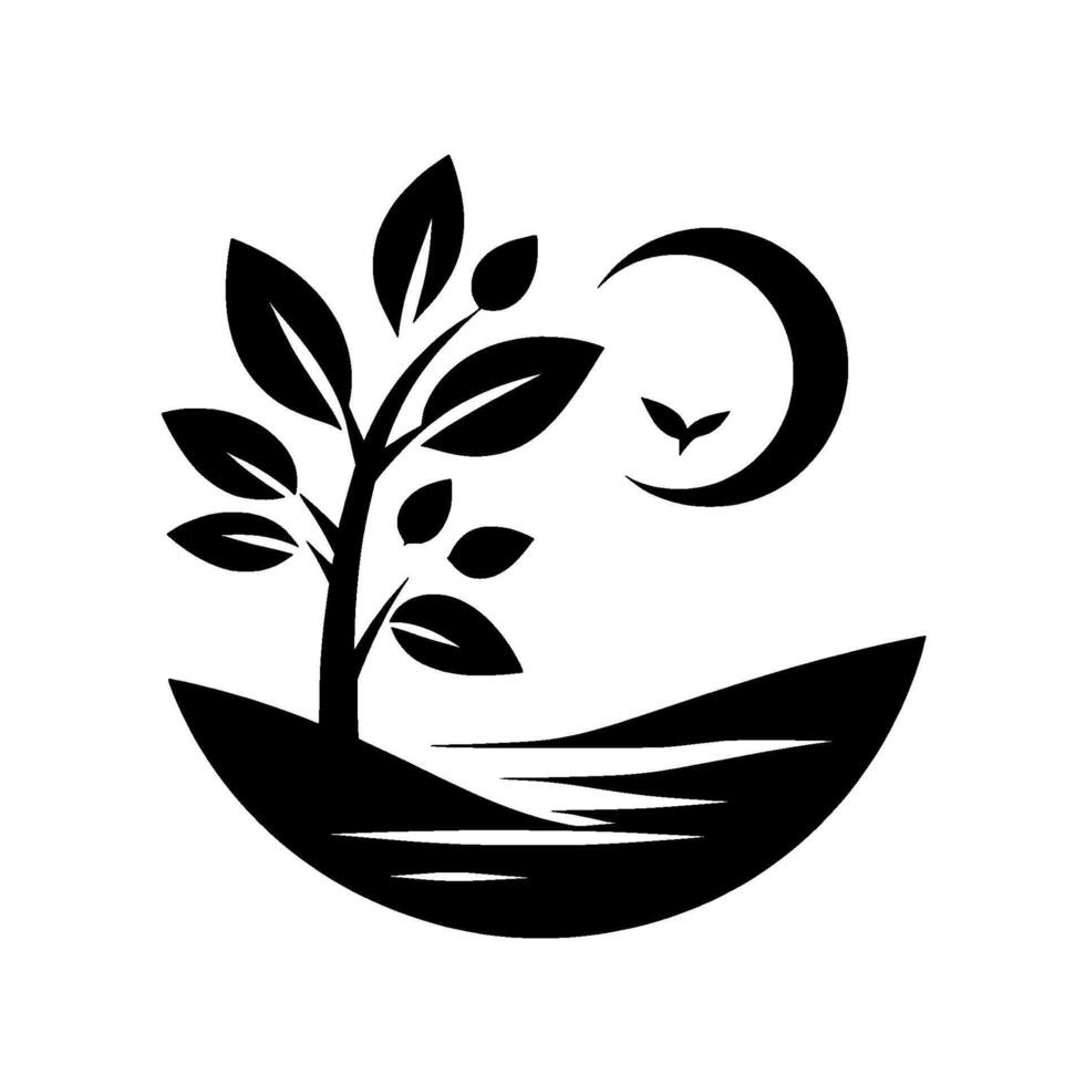 Minimalist Black White Illustration A Young Tree and Crescent Moon Over Serene Landscape, Symbolic of Growth. vector