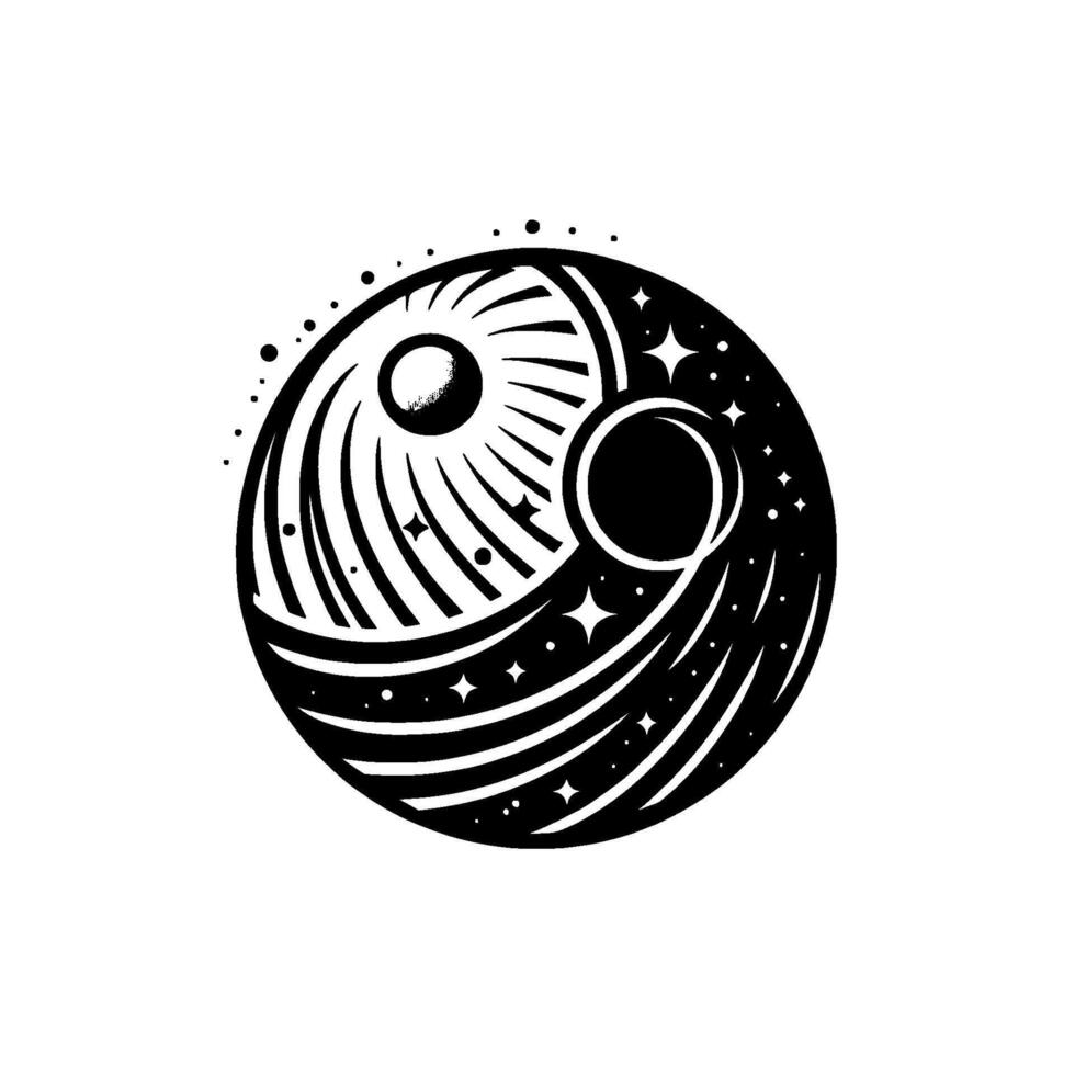 Yin Yang Cosmic Celestial A stylized black and white illustration of celestial bodies, sun, moon, and stars, embodying balance. vector