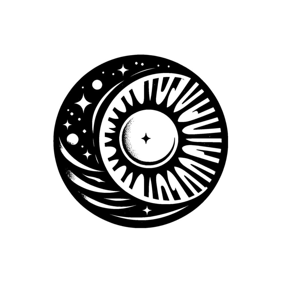 Celestial Emblem YinYang Style SunMoon Fusion, Stars Encircle Radiating Sun Crescent, Black and White Symbol on White vector
