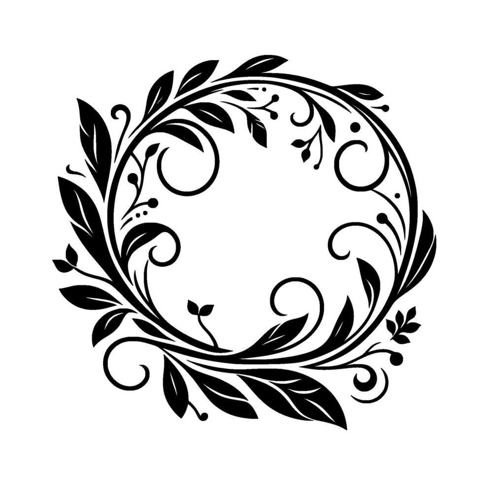 Elegant Black and White Floral Wreath Ornament with Leaves, Berries, and Curlicues, Circular . vector