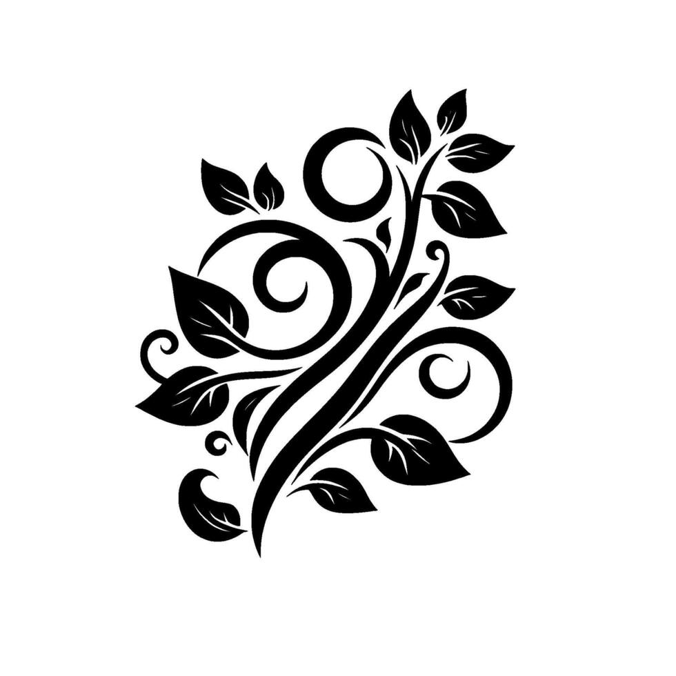 Elegant Black and White Decorative Floral with Curving Vines, Leaves and Swirls, Isolated on White. vector