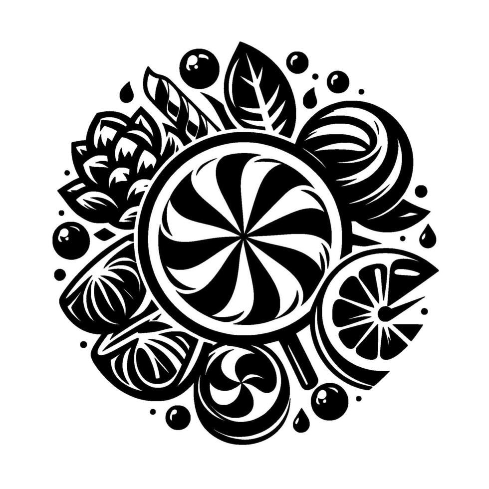 Black and White Circle Composition Featuring Lollipops, Fruit Slices, Leaves, and Floral Elements in a Bold, Style. vector
