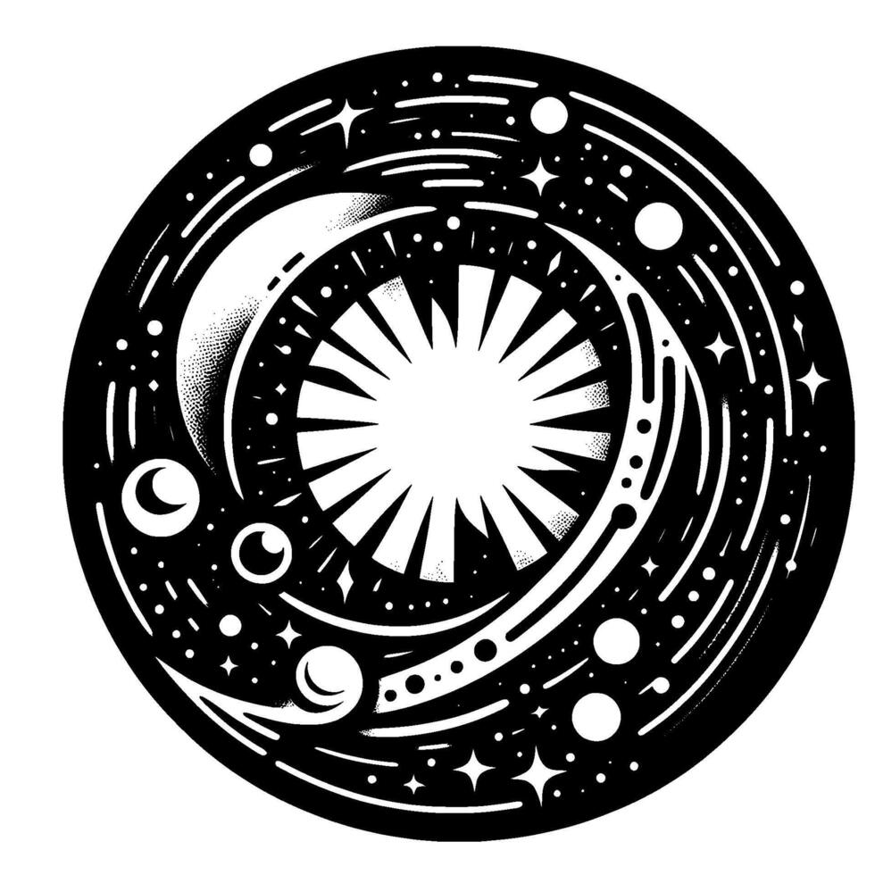 Celestial Mandala A Black and White Circular Depicting a Sun Burst, Orbiting Planets, and Sparkling Stars. vector