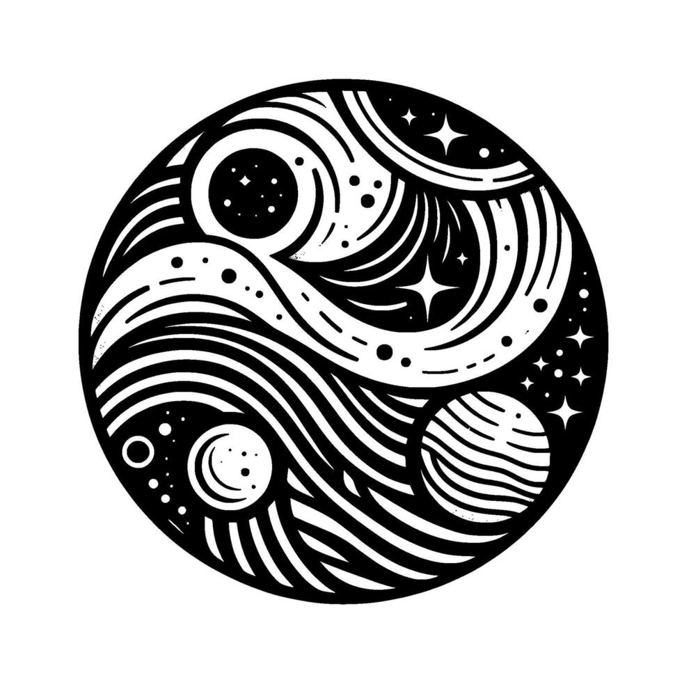 Black and white yinyang cosmos art, swirling space scene with planets, stars, and celestial bodies. vector