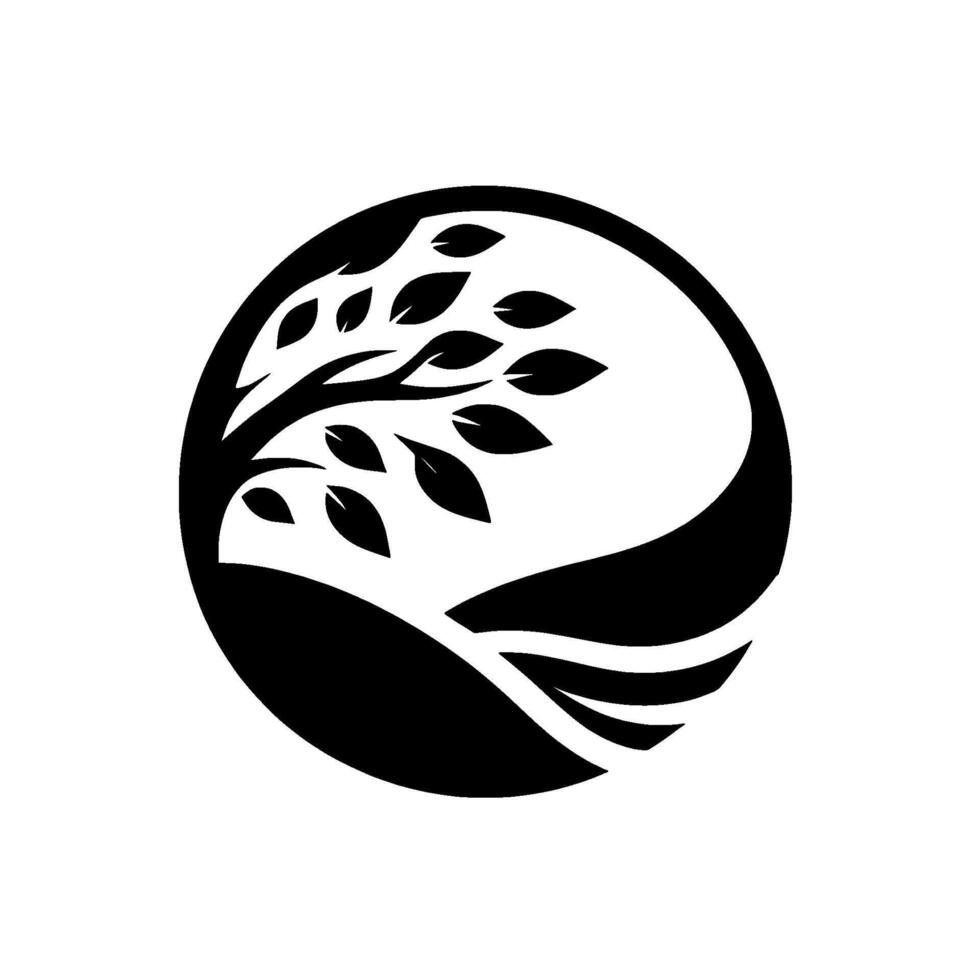 Monochrome Tree Inside a Circle A minimalist , showing a stylized tree silhouette with leaves and a curved line element, creating a balanced composition. vector