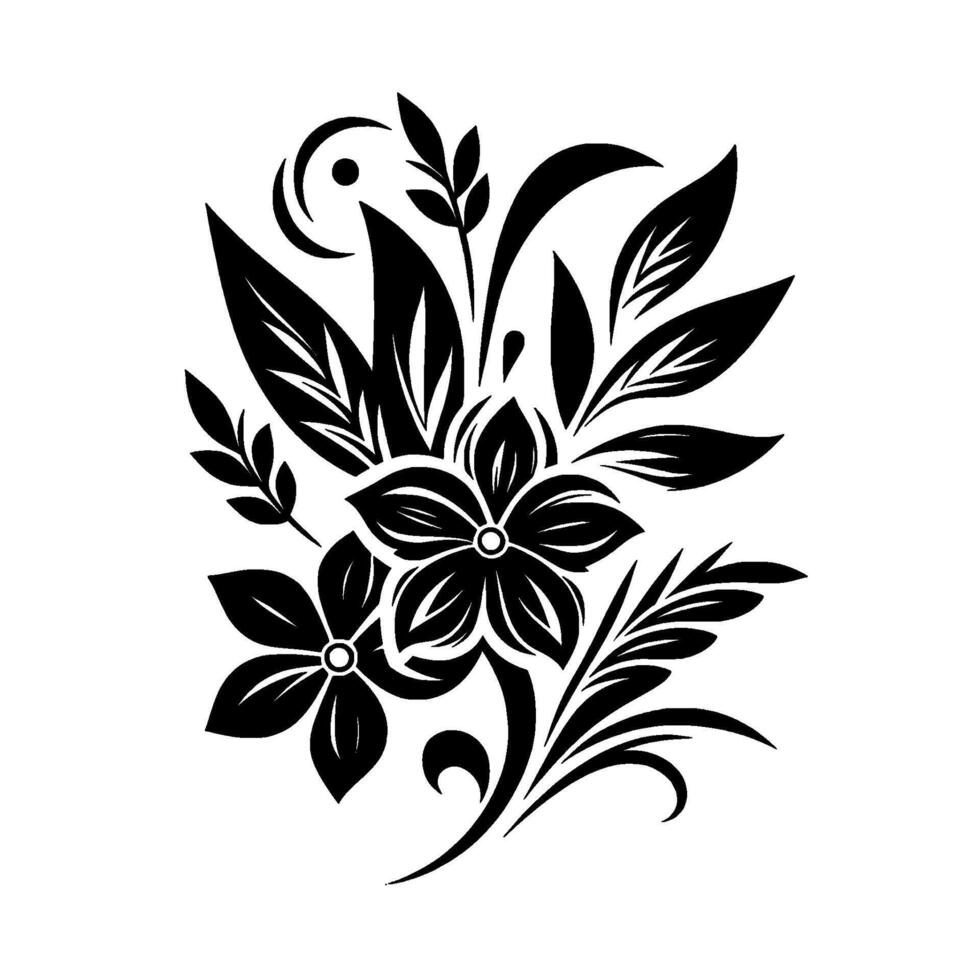 Elegant Black White Floral Arrangement, Art Composition with Detailed Leaves, Flowers and Decorative Elements on White Background vector