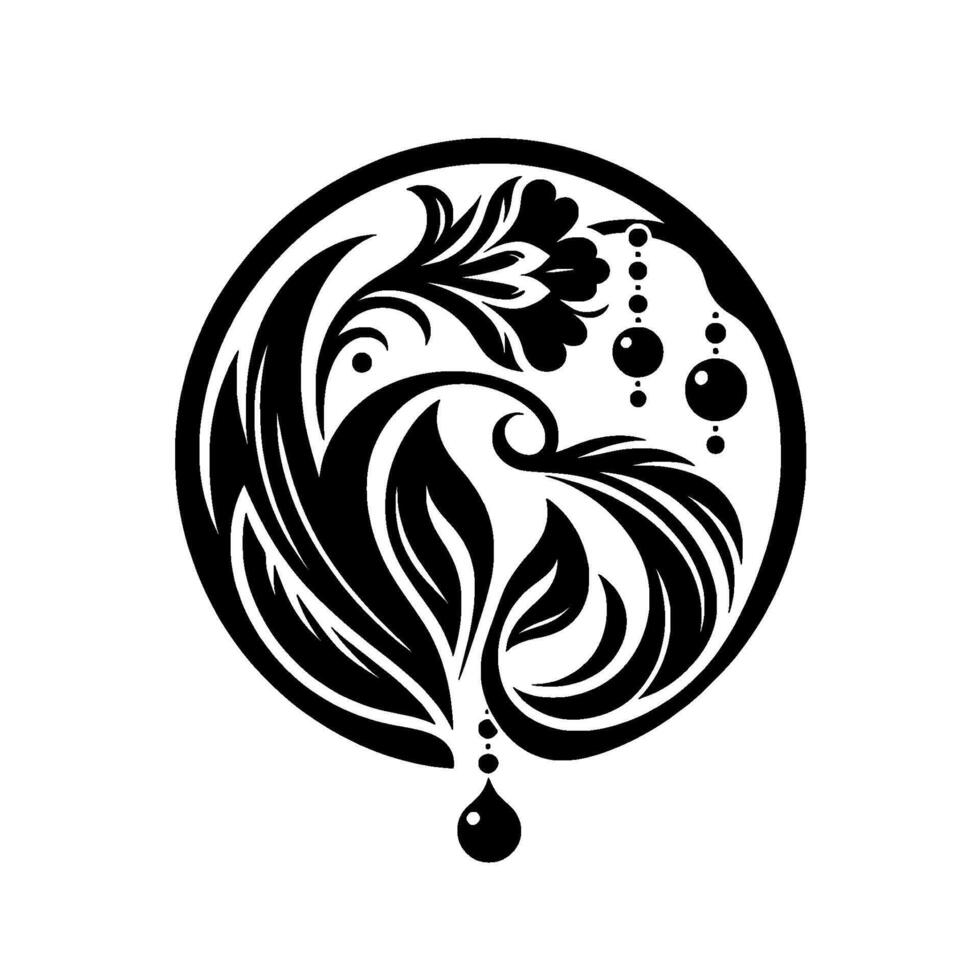 Intricate Black and White Floral Emblem within a Circle, featuring Leaves, Flowers, and Droplets, evoking elegance. vector