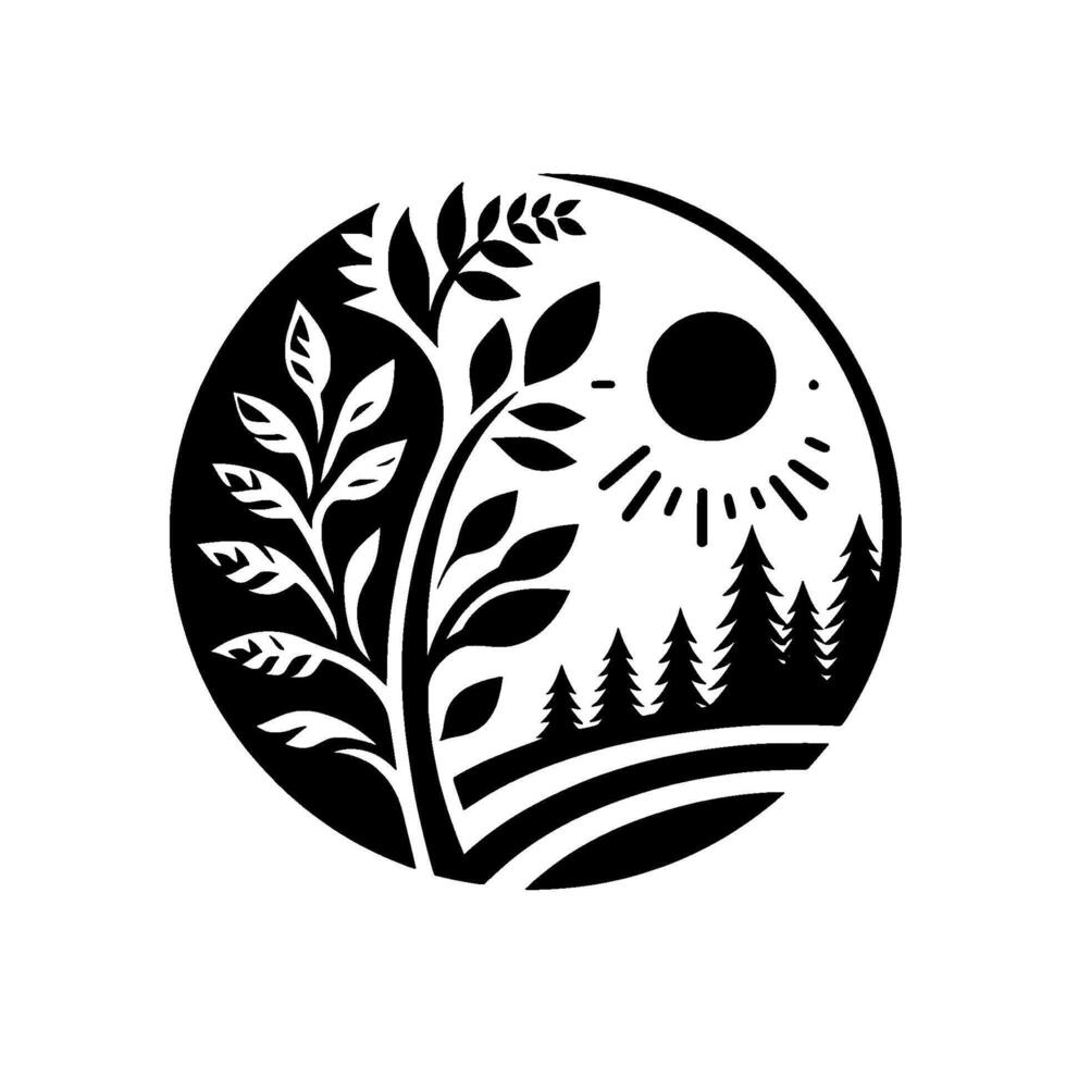 Serene monochrome circular with a tree, sun, and forest, evoking a sense of harmony and natures balance. vector