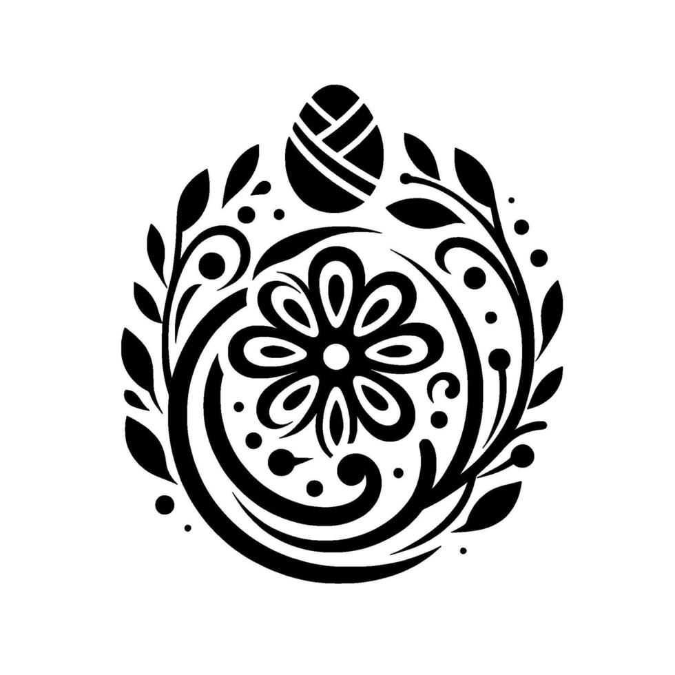 Black White Easter Ornament Floral with stylized flower, egg, leaves, and swirling elements, evoking spring and festivity. vector