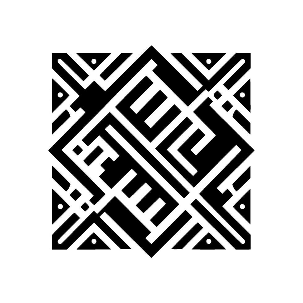 Symmetrical Geometric Pattern in Black and White A Square Composition with Mazelike Lines, Squares, and Dots. vector