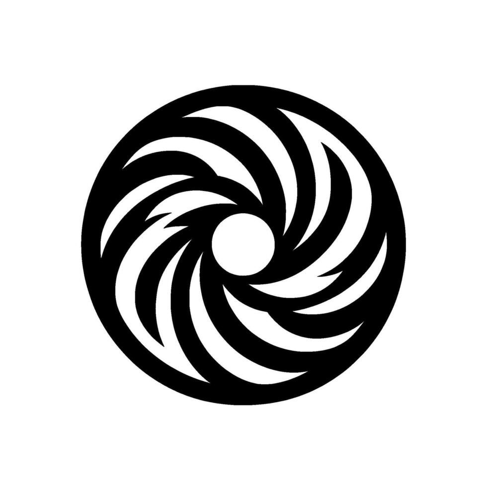 Black and white, circular featuring swirling, stylized lines and a central white dot against a stark white background with a subtle shadow. vector
