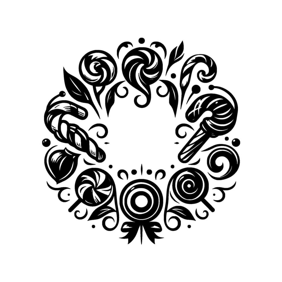 Stylized Black and White Candy Wreath Featuring Lollipops, Swirls, Leaves, and Candy Canes A Festive, Circular . vector