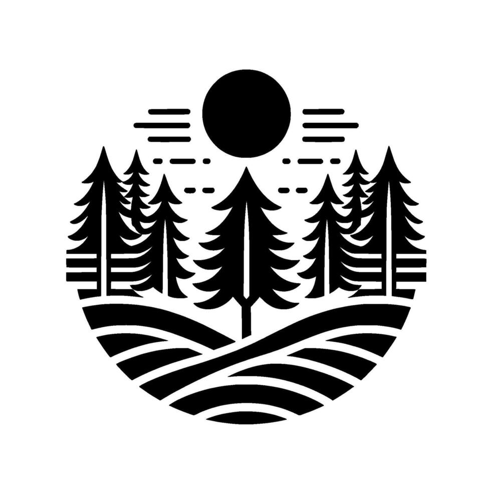 Minimalist Black and White Emblem Pine Forest Silhouette with a Sun and Hilly Landscape, within a Circular Frame. vector