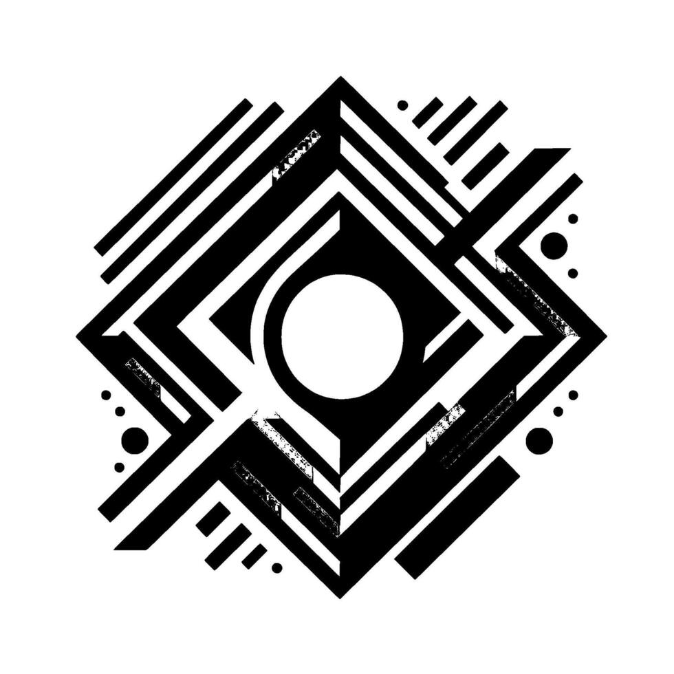 Geometric Black and White Abstract Featuring a Central Circle, Angular Shapes, and Lined Elements on a White Background. vector