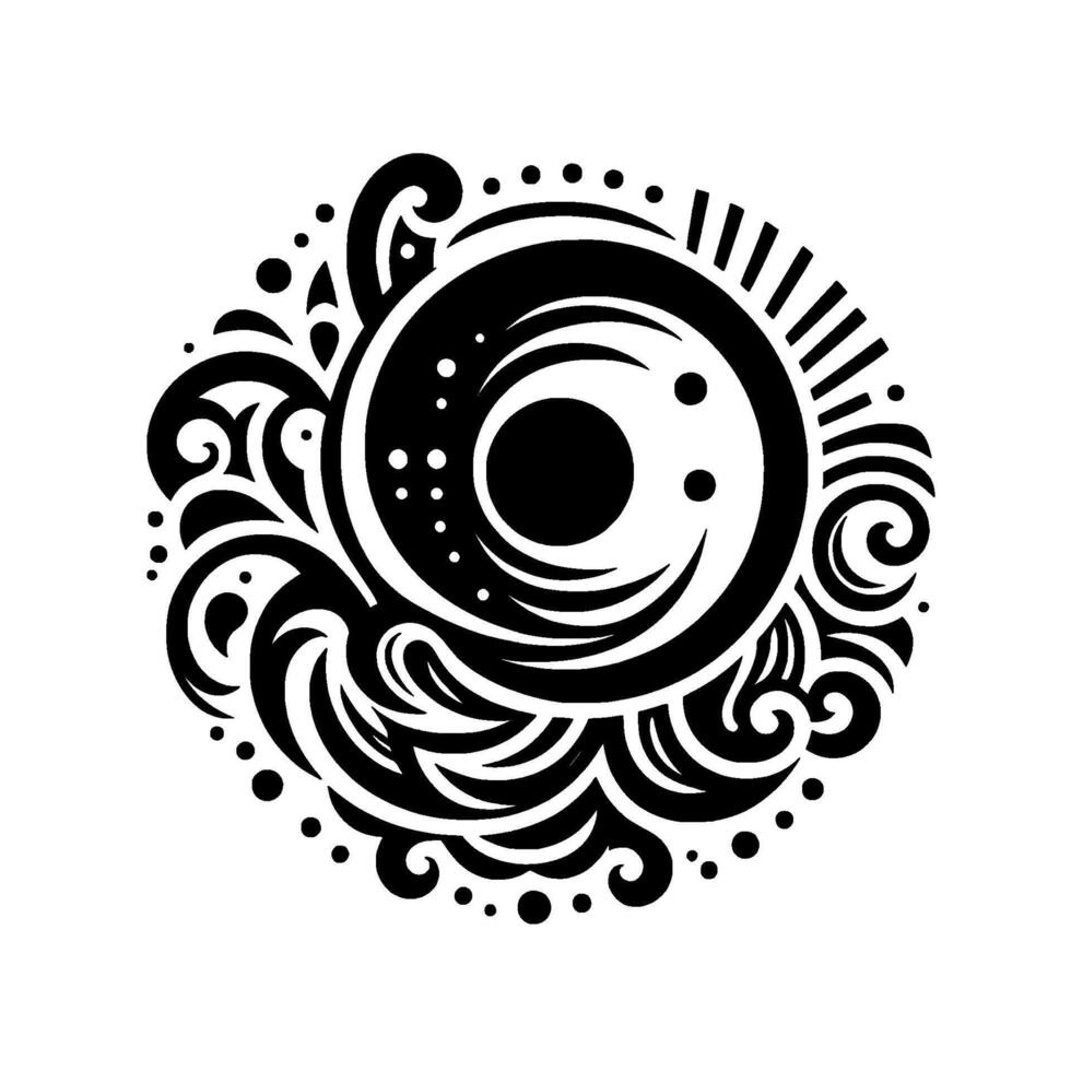 Intricate Black and White Circular with Sun, Moon and Swirling Patterns, Decorative, Minimalist. vector