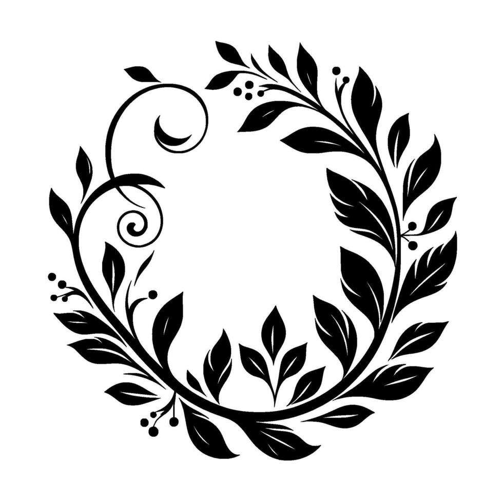 Intricate Black Floral Wreath with Leaves, Berries, and Swirls on a White Background, Evoking Elegance and Nature. vector