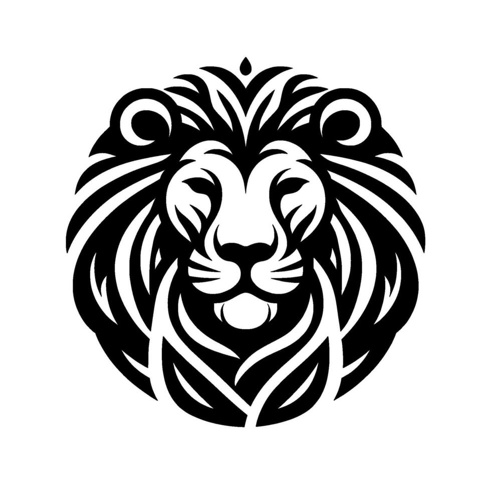 A bold, minimalist black and white lion head , showcasing detailed mane and facial features, centered on a clean white background. vector