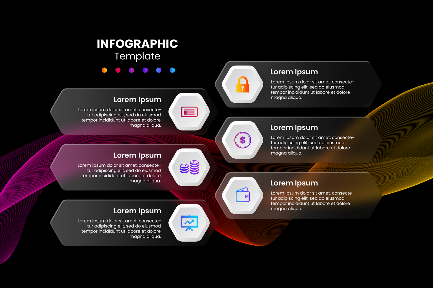 Glasmorphism infographic 6 point design psd